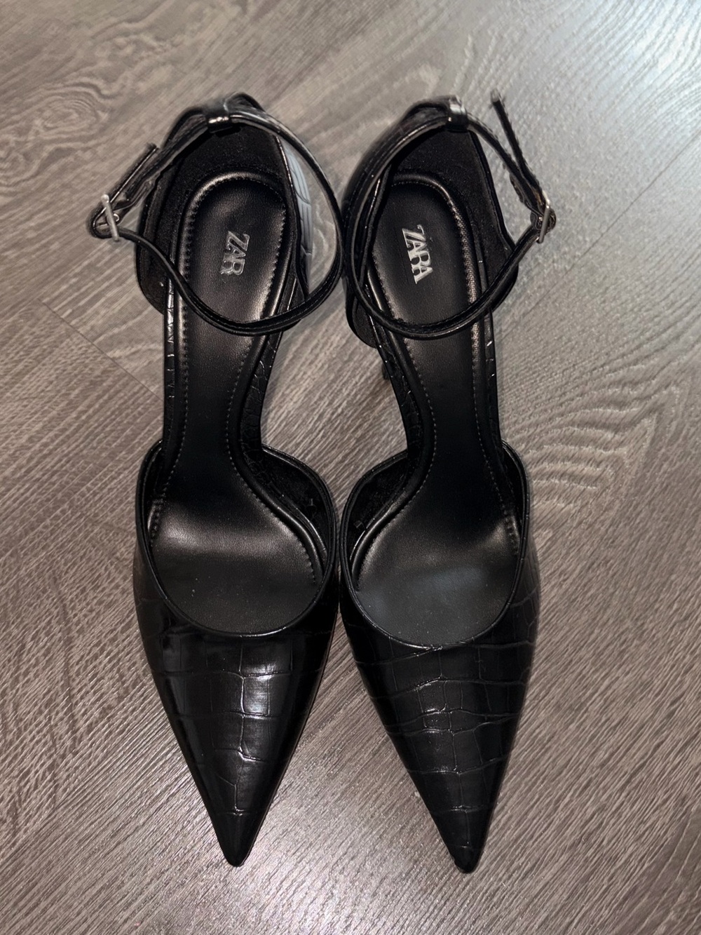 Zara Black Croc-Embossed Pointed Ankle-Strap Heels